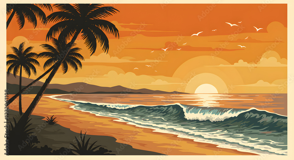 Fototapeta premium Vintage-Styled Tropical Summer Beach Resort Hotel Poster Design