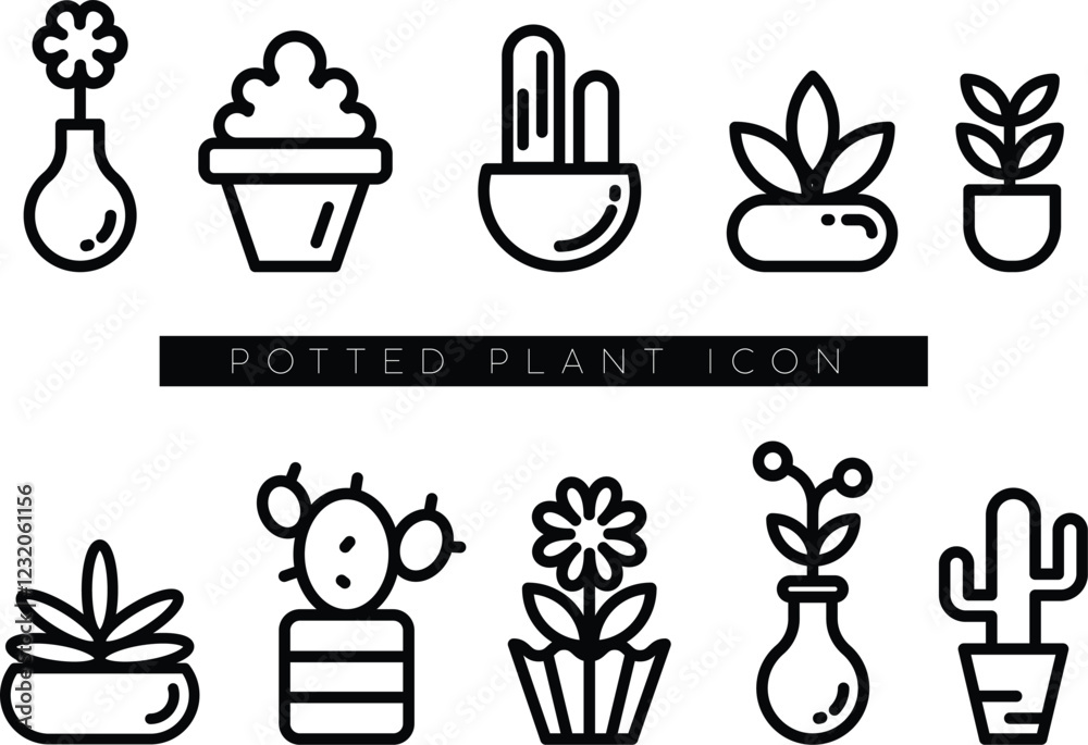 Flat Design Vector Potted Plant Icon Collection Set. Outline Web Indoor Plants Icons in Thin Line Vector for Web and Mobile Design. Flat Design Vector Potted Plant Icon Collection Set. Outline Web Indoor Plants Icons in Thin Line Vector for Web and Mobile Design.