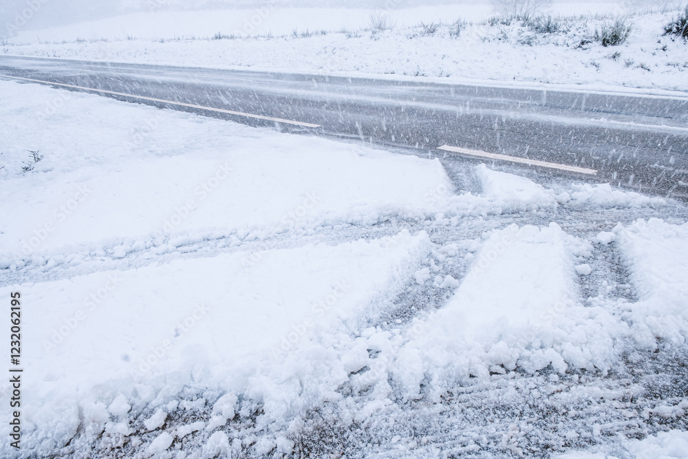 view of a road after a snowfall with tyre prints in the snow, winter transportation concept view of a road after a snowfall with tyre prints in the snow, winter transportation concept