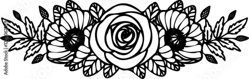Hand drawing floral line art illustration featuring detailed rose,poppies,foliage,leaves, and botanical elements. For coloring pages,border, tattoo designs, laser cutting, and decorative clipart.