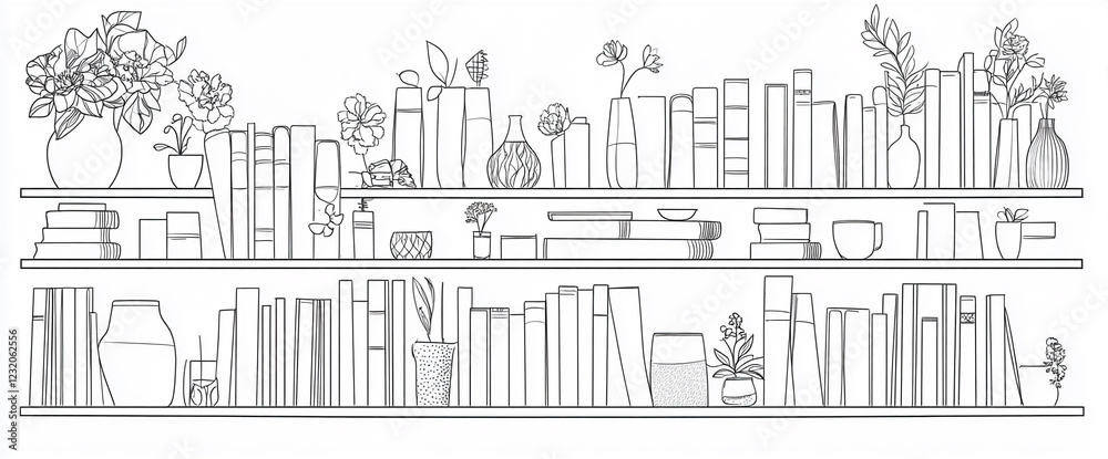 Obraz premium Line drawing of bookshelves filled with books, plants, and vases. The illustration showcases a well-organized, decorative space combining nature and literature, symbolizing harmony. Coloring book