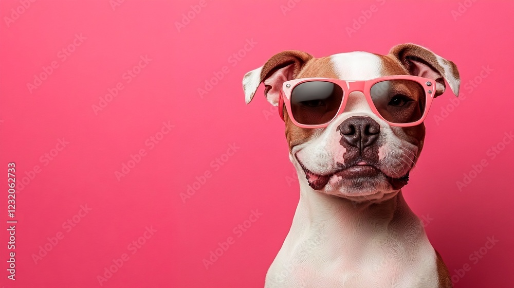 A dog wearing pink sunglasses. A dog wearing pink sunglasses.