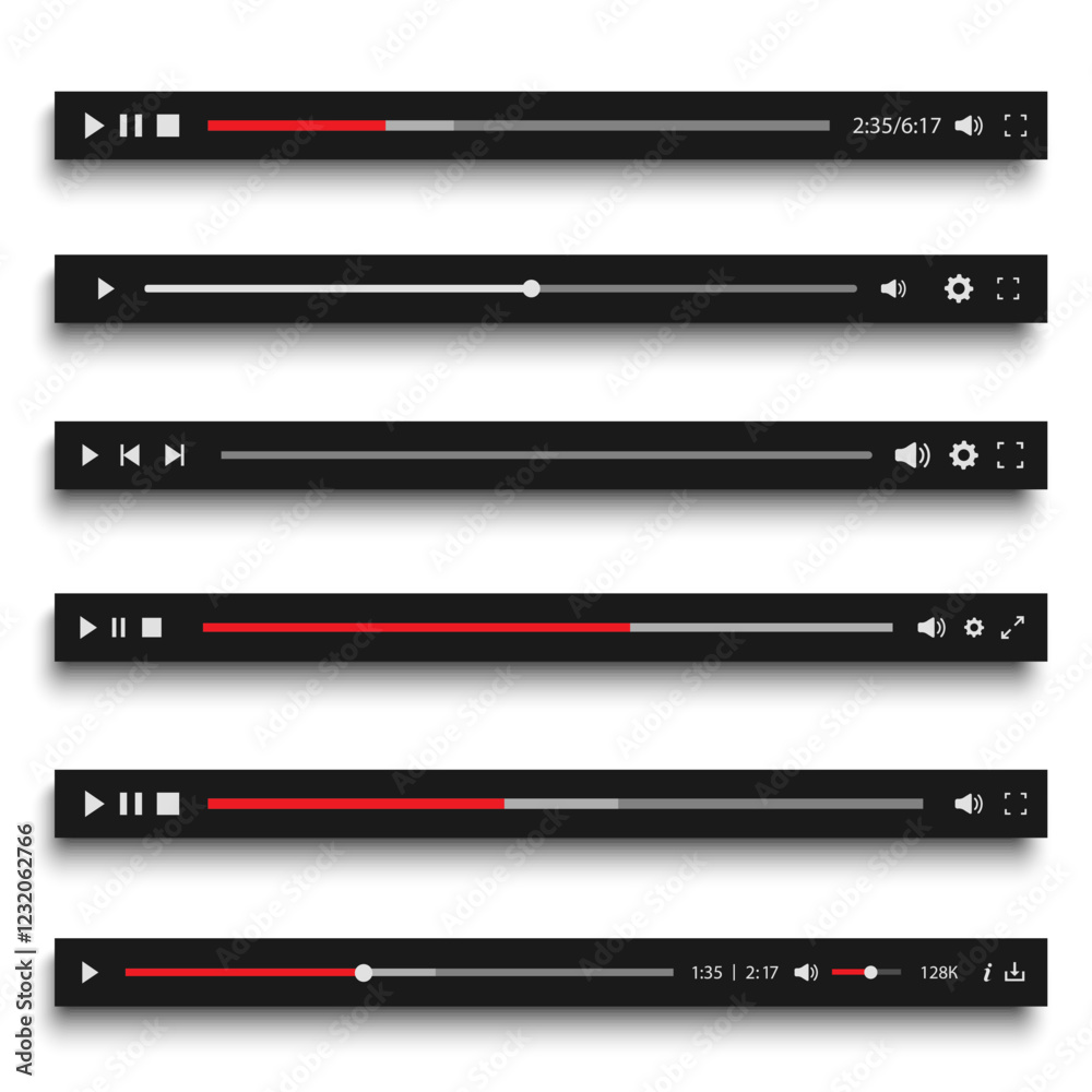 Realistic set Audio or Video player progress loading bars with time slider, play and pause Realistic set Audio or Video player progress loading bars with time slider, play and pause