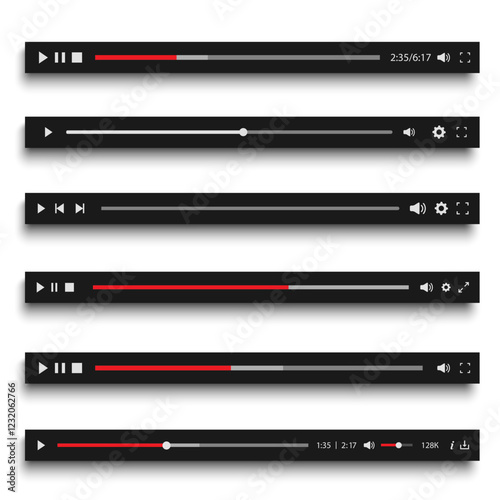 Realistic set Audio or Video player progress loading bars with time slider, play and pause