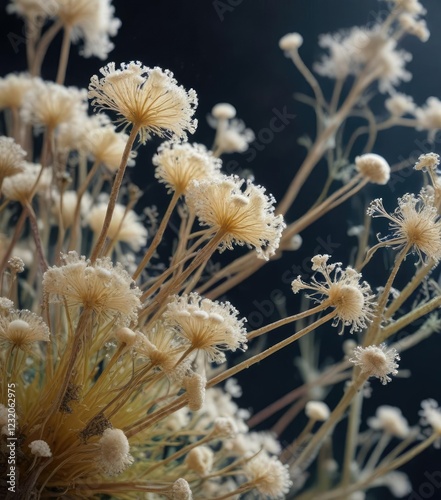 Detailed view of Aspergillus conidiophores with phalides and macroconidia, mold identification, aspergillus conidiophores, mycological study