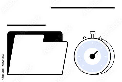 Open folder icon next to a stopwatch indicating efficiency and deadline management. Ideal for time management, productivity, filing system, digital organization, workflow optimization, scheduling