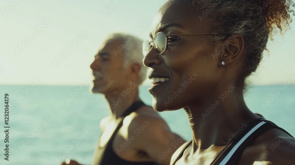 Fototapeta premium Two Women Running on Beach Near Ocean