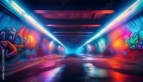 concrete pedestrian underpass with graffiti, neon burning up abo
