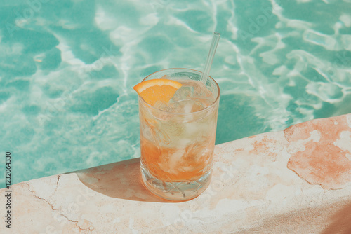 Close-up shot of an artistic cocktail in a glass, featuring hyperrealistic lighting and atmospheric reflections