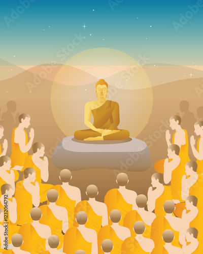 beautiful Vector of Lord of Buddha Enlightenment mediating sitting with crowd of monk for Makha, Visakha, Asarnha Bucha, Visak and buddhist lent day asian religion holiday retro style