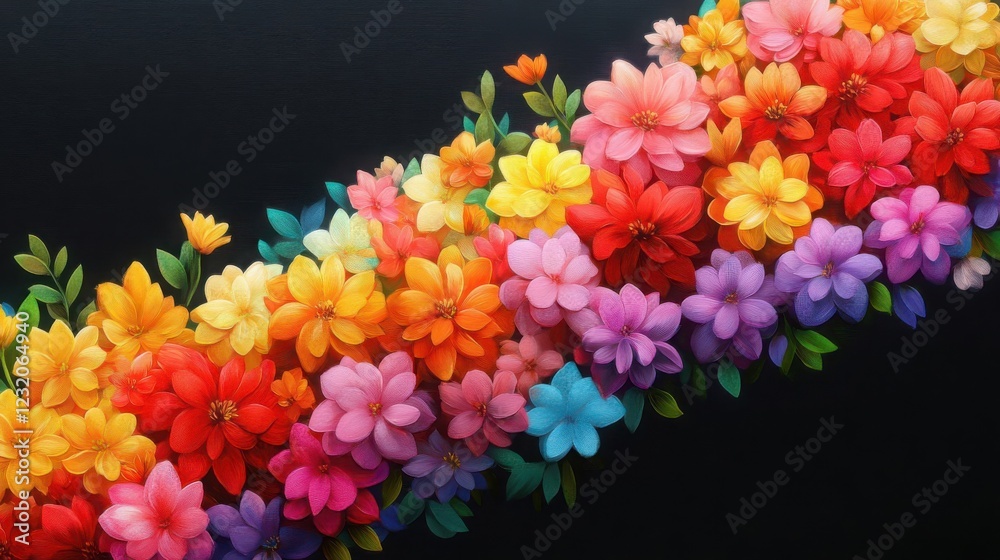 Vibrant display of multicolored flowers on a dark background. Vibrant display of multicolored flowers on a dark background.