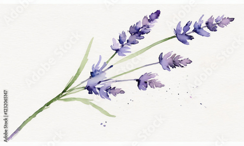 Delicate lavender stem in watercolor, purple tones with loose brushwork, ethereal style on white background
