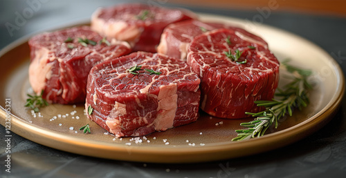 A raw steaks, shaped naturally like ribeye cuts with detailed marbling and slightly curved edges, vibrant deep red in color with fine veins of creamy white fat. are arranged on glossy gold plate.