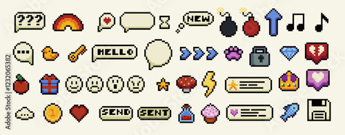 Set of pixel art speech bubbles and icons. Wow. Surprise. Bang. Bomb. Retro game style dialogue box and elements vector collection. Pixels Y2k trendy playful stickers. 8bit. Mood of 90's aesthetics
