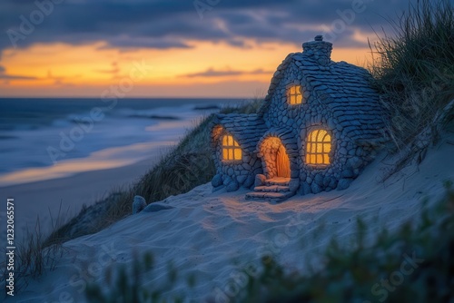 enchanting miniature stone houses nestled in beach dunes, tiny windows glowing at twilight, waves lapping at doorsteps photo