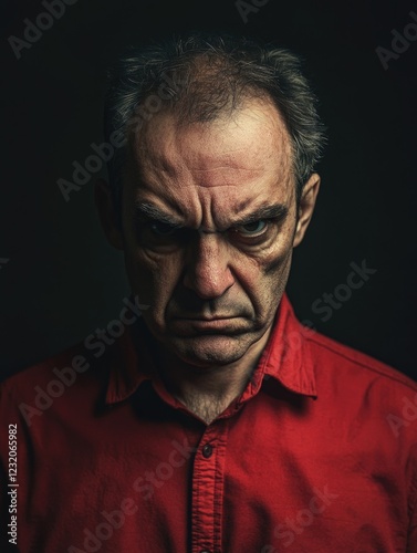 Man in Red Shirt Looks Directly at Camera