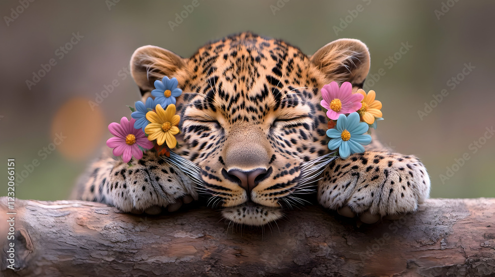 Obraz premium Sleeping leopard cub with flowers, resting on log, blurred background, ideal for children's book