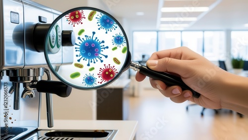 Identifying bacteria in office coffee machines workplace health cleanliness macro view hygiene