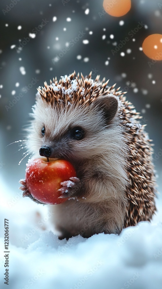 Obraz premium A close-up of a small hedgehog eating an apple while standing in snow.