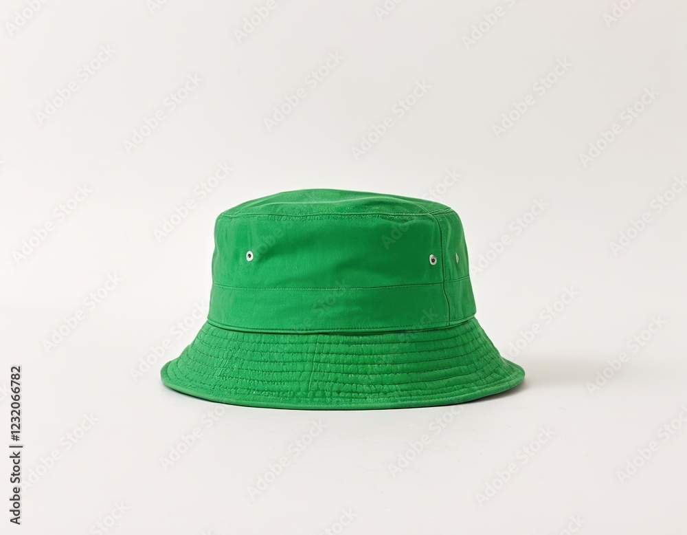 Fototapeta premium Stylish green bucket hat on a neutral background, showcasing a casual and trendy accessory.