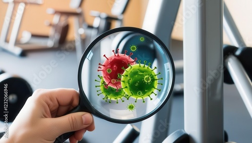 Examining gym equipment for germs and bacteria fitness center health awareness indoor close-up