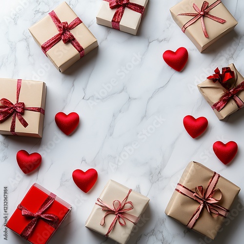 top view of valentine gifts and hearts with copy space  on marble background