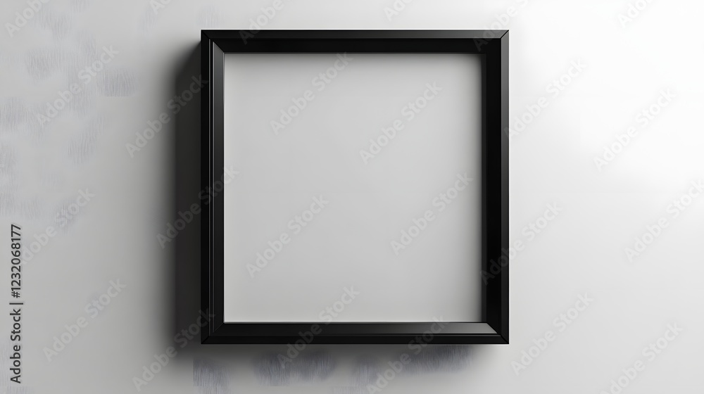 Empty black picture frame displayed on a plain white wall in a minimalist and modern interior design setting  The frame serves as a blank canvas or stage for showcasing artwork photography