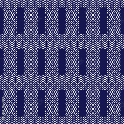 Japanese stitch Sashiko embroidery indigo white abstract artwork seamless geometric pattern printed background fabric wallpaper hand drawn line


