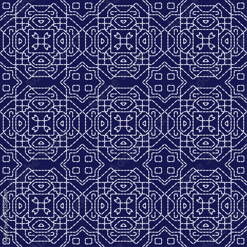 Japanese stitch Sashiko embroidery indigo white abstract artwork seamless geometric pattern printed background fabric wallpaper hand drawn line

