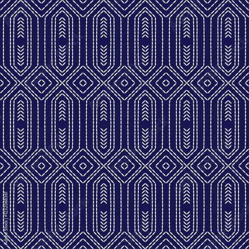Japanese stitch Sashiko embroidery indigo white abstract artwork seamless geometric pattern printed background fabric wallpaper hand drawn line

