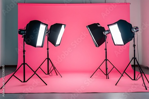 Photo of studio lighting equipment in a pink room, with four softbox lights and flash lights. Studio background for professional photography or video production, Generative AI photo