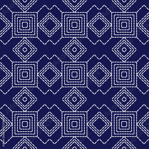 Japanese stitch Sashiko embroidery indigo white abstract artwork seamless geometric pattern printed background fabric wallpaper hand drawn line

