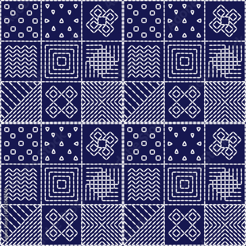 Japanese stitch embroidery Sashiko abstract artwork seamless geometric pattern printed background fabric wallpaper hand drawn line

