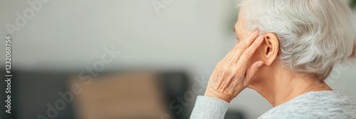 Senior woman experiencing hearing problems, touching her ear with a concerned expression, highlighting the challenges of hearing loss in old age