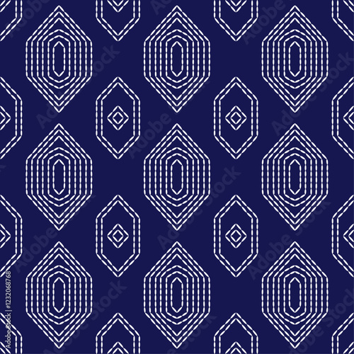 Japanese stitch Sashiko embroidery indigo white abstract artwork seamless geometric pattern printed background fabric wallpaper hand drawn line

