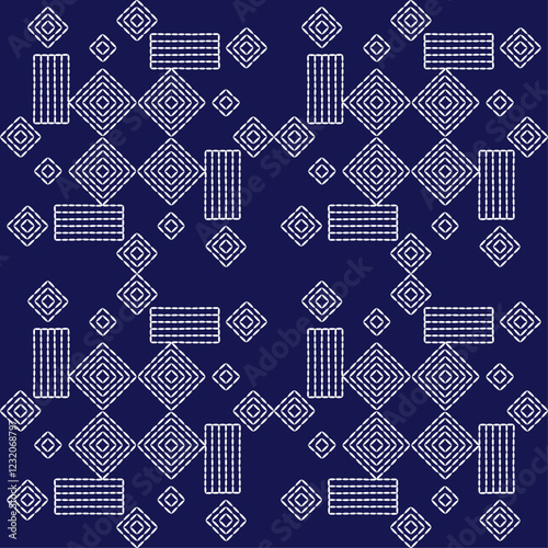 Japanese stitch Sashiko embroidery indigo white abstract artwork seamless geometric pattern printed background fabric wallpaper hand drawn line


