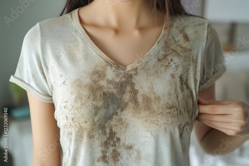 Housewife, asian young woman hand in holding shirt, showing making stain, spot dirty or smudge on clothes, dirt stains for cleaning before washing, making household working at home. Laundry and photo