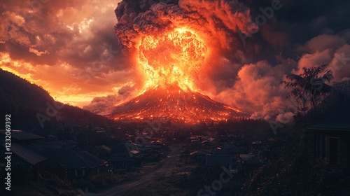 A massive volcano erupting with lava and ash. photo