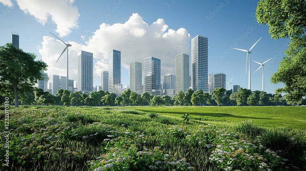 Obraz premium Green city park, wind turbines, cityscape, sunny day, eco-friendly