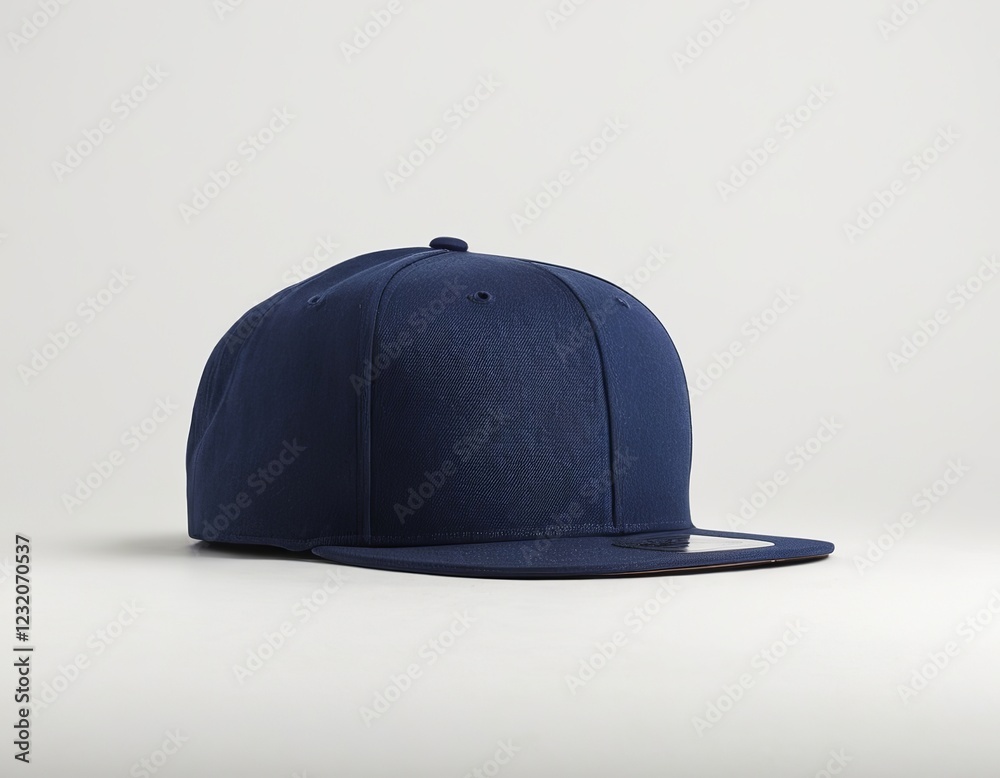 Fototapeta premium A stylish navy blue snapback cap on a neutral background, perfect for casual wear.