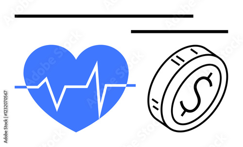 Blue heart with heartbeat line paired with a coin representing finances and health trade-off. Ideal for healthcare costs, wellness economy, budgeting, medical insurance, financial planning, healthy