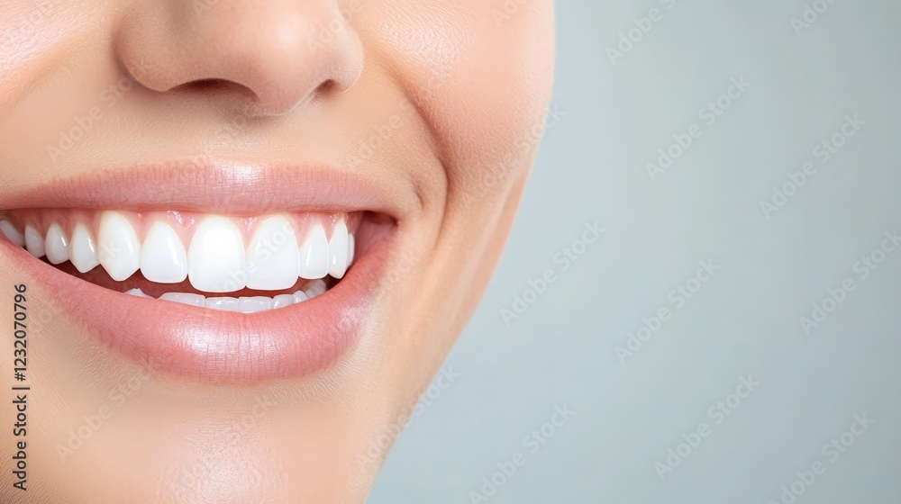Fototapeta premium Close up of a perfect smile with white teeth, emphasizing the concept of dental health, cosmetology, and lip augmentation in the beauty industry