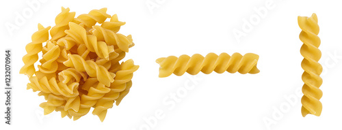 Fusilli pasta set PNG. yellow fusilli pasta top view png. Italian fusilli pasta flat lay isolated. Italian cuisine and food
