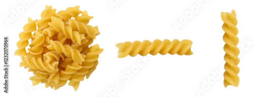 Obraz  z motywem Fusilli pasta set PNG. yellow fusilli pasta top view png. Italian fusilli pasta flat lay isolated. Italian cuisine and food 