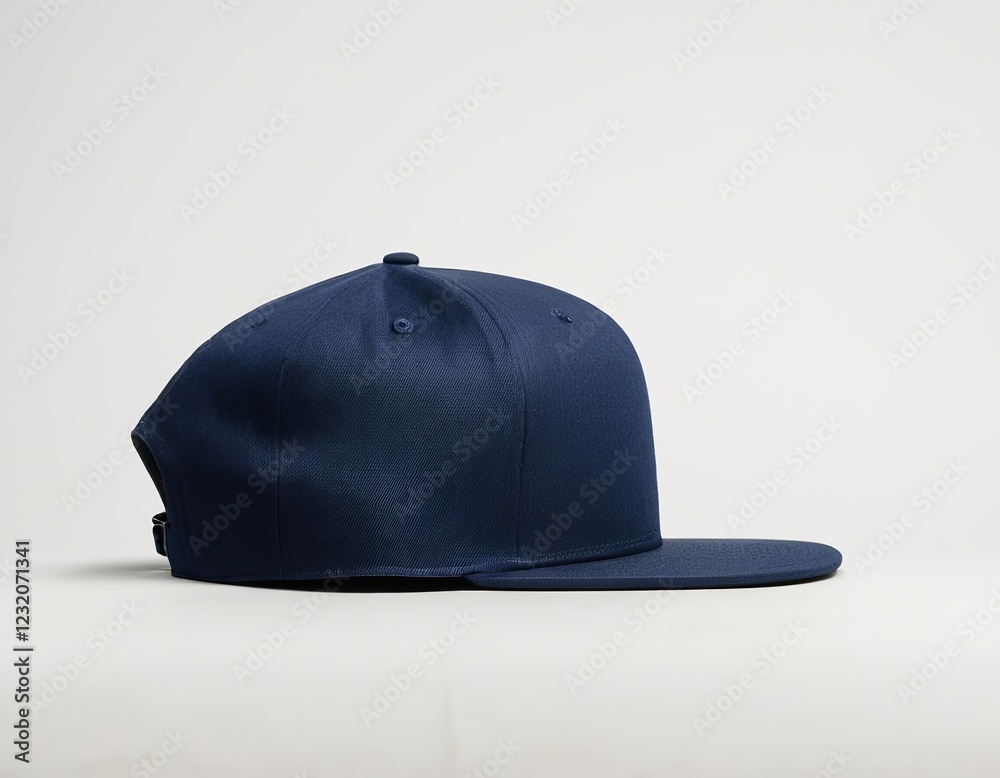 Fototapeta premium A stylish navy blue snapback hat positioned for a side profile shot.