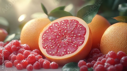 Freshly sliced grapefruit surrounded by vibrant oranges and juicy raspberries. A colorful, appetizing display perfect for healthy eating and wellness. photo