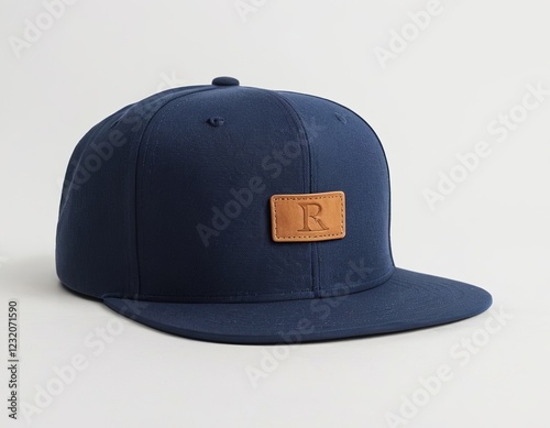 Stylish navy blue cap with a brown leather patch, perfect for casual wear.