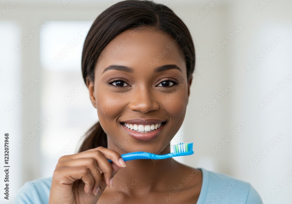 Satisfied african american female with toothbrush brushing teeth in bathroom, dental and oral care concept Satisfied african american female with toothbrush brushing teeth in bathroom, dental and oral care concept