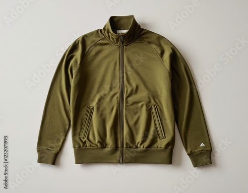 A stylish olive green zip-up jacket laid flat on a neutral background.