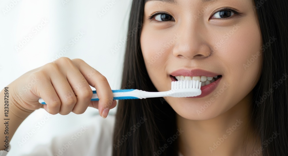 Satisfied asian korean female with toothbrush brushing teeth in bathroom, dental and oral care concept Satisfied asian korean female with toothbrush brushing teeth in bathroom, dental and oral care concept